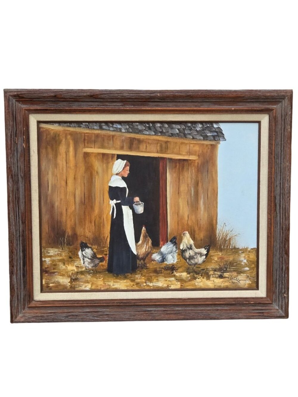 Barnyard Chicken Feeding Painting Amish Lady Barn Farmcore Wall Art Country Vtg